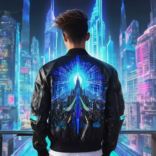 jacket,bolero jacket,cyberpunk,the fan's background,coder,futuristic,believer,cyber,outer,windbreaker,justin bieber,billionaire,superhero background,love background,diamond back,music background,80's design,would a background,city lights,neon lights,Illustration,Realistic Fantasy,Realistic Fantasy 20