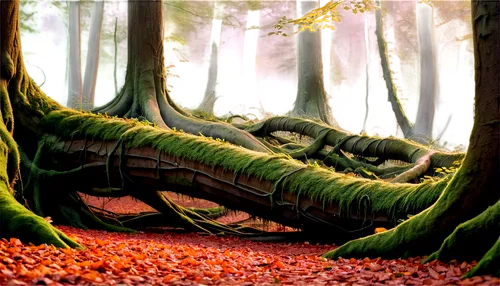 Majestic forest, dense foliage, towering trees, misty atmosphere, soft sunlight filtering through leaves, vibrant green, autumn colors, fallen leaves, forest floor, twisted roots, massive trunks, 3/4 