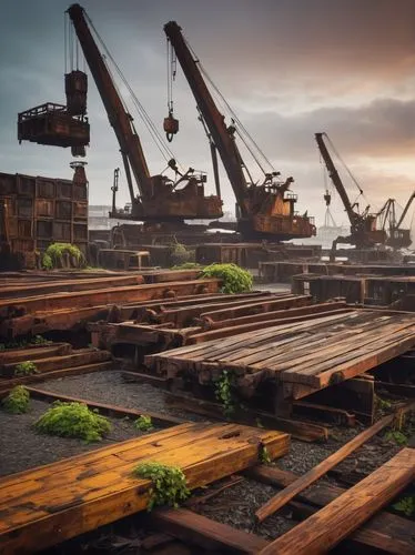 Industrial waterfront, Portland, architectural salvage yard, old rusty cranes, worn wooden docks, vintage nautical equipment, scattered piers, weathered metal beams, reclaimed lumber piles, ivy-covere