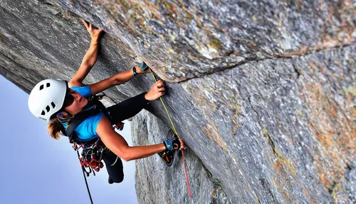 Describe a thrilling adventure with a climbing helmet.,sport climbing,free solo climbing,sport climbing helmets,alpine climbing,women climber,abseiling,rockclimbing,via ferrata,climbing equipment,rock