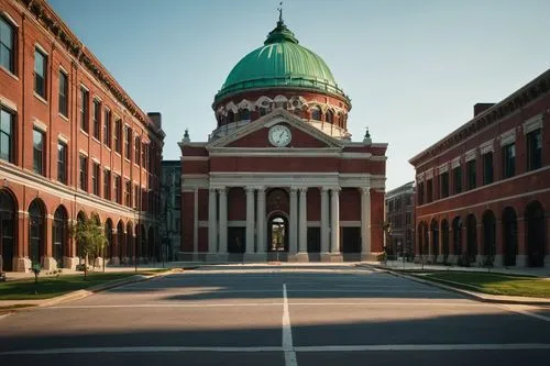 Columbus cityscape, historic landmarks, neoclassical building, grand entrance, ornate stone carvings, towering columns, symmetrical facade, red brick walls, green copper dome, clock tower, intricate s