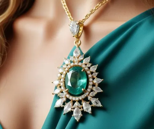 a woman wearing a green dress and gold jewelry,mouawad,emerald,emeralds,jewelled,chryste,cuban emerald,collier,bejewelled,paraiba,jewelry florets,chatelaine,diamond pendant,jeweled,aventurine,jewels,j