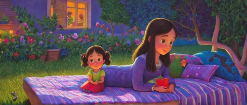 the little girl's room,lilo,tangled,girl and boy outdoor,little boy and girl,little girl and mother,rapunzel,toy's story,agnes,fireflies,night scene,children's background,the little girl,cute cartoon image,romantic scene,summer evening,romantic night,animated cartoon,boy and girl,violet family,Illustration,Realistic Fantasy,Realistic Fantasy 26