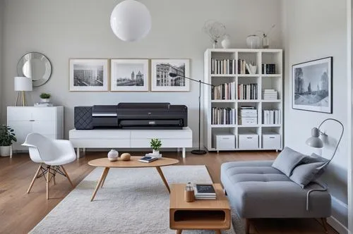  printer,there is a living room with an open book case,danish furniture,scandinavian style,modern minimalist lounge,contemporary decor,anastassiades,minotti,Photography,General,Realistic