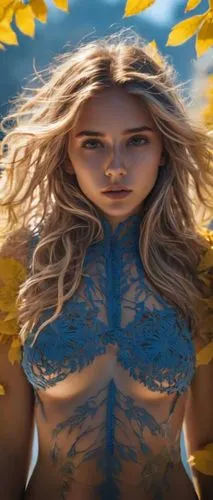 margairaz,bodypaint,fantasy woman,bodypainting,margaery,body painting,solar,witchblade,sunflower coloring,loboda,sirotka,celtic woman,sun flowers,hula,faerie,solar plexus chakra,blue enchantress,belldandy,cirta,yellow leaves