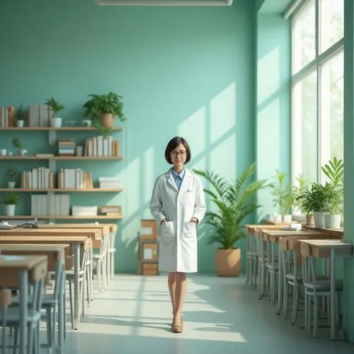 Mint color walls, calming research space, laboratory equipment, wooden tables, metal chairs, solo female researcher, 25yo, short hair, glasses, white lab coat, pens in pocket, focused expression, surr