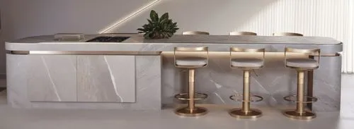 Modern island with a stone marble finish with following the curved edges of the island and show all the appliances on top if the island,washbasin,ciborium,brassware,washstand,champagne cooler,luxury b