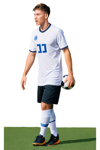 male athlete, football player, dynamic pose, strong muscles, sporty hairstyle, sweat drips from face, white jersey with number, black shorts, shin guards, soccer ball at feet, green grass background, 