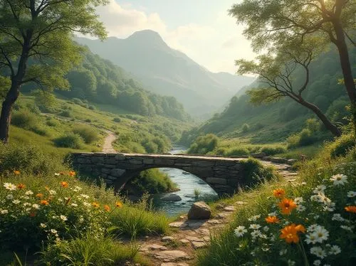 fantasy landscape,rivendell,nature wallpaper,landscape background,beautiful landscape,hiking path,alpine landscape,nature landscape,meadow landscape,scenic bridge,nargothrond,mountain spring,mountain stream,gondolin,the mystical path,mountain landscape,the valley of flowers,nature background,natural scenery,full hd wallpaper,Photography,General,Realistic