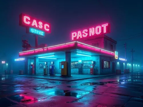 electric gas station,gas station,casa,e-gas station,neon ghosts,neon coffee,neon sign,noncorporate,retro diner,neons,neon arrows,garage,cai,vacant,neon candies,vapor,car,neon,casi,car salon,Photography,General,Realistic