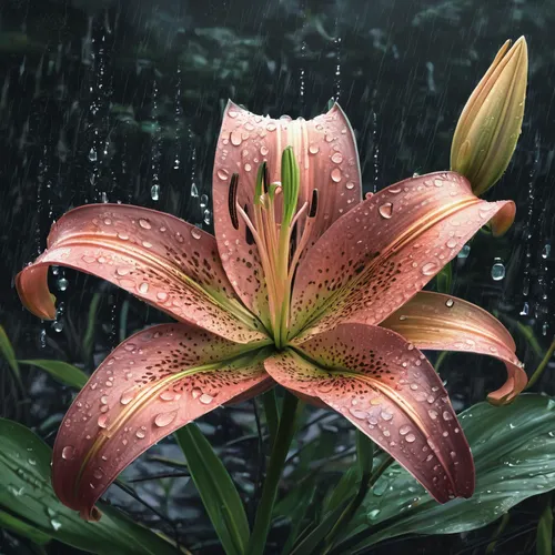 Draw a colorful lily flower with raindrops in a refreshing garden.,rain lily,stargazer lily,lily flower,lily water,day lilly,orange lily,lilies,day lily plants,guernsey lily,natal lily,grass lily,wate