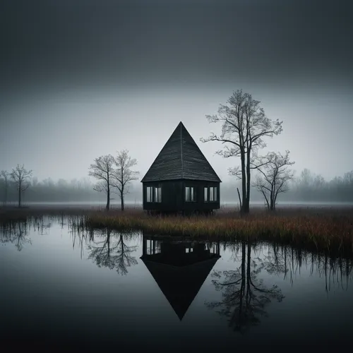 Dark horror prism over a foggy swamp, black background ,house with lake,lonely house,house in the forest,foggy landscape,witch house,mirror house,house silhouette,witch's house,black landscape,boathou