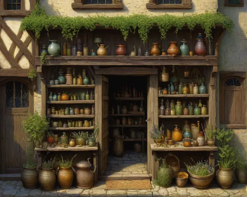 apothecary,village shop,brandy shop,tavern,soap shop,merchant,medieval street,shopkeeper,medieval market,candlemaker,potions,medieval town,watercolor tea shop,flower shop,kitchen shop,pharmacy,medieval architecture,watercolor shops,laundry shop,pantry,Illustration,Realistic Fantasy,Realistic Fantasy 05