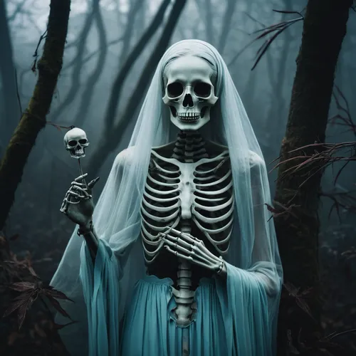 The skeletal figure emerged from the misty graveyard its bony fingers reaching out in a haunting invitation Its low raspy voice whispered tales of ancient curses and lost souls,dance of death,dead bri