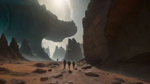 fantastic alien landscape,people walk among strange and distant structures in an earth - like environment,guards of the canyon,canyoneering,fallen giants valley,al siq canyon,sea caves,valley of death