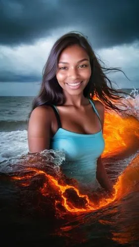 a beautiful woman standing in the ocean while wearing a blue bathing suit,monifa,fire and water,lakeisha,fire background,sharmell,lake of fire