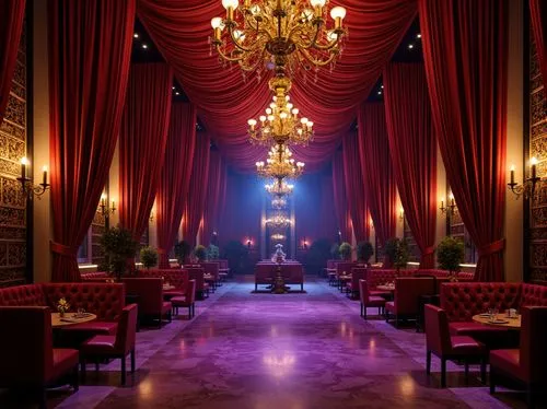 Rich velvet drapes, ornate golden accents, lavish crimson reds, deep midnight blues, mysterious purple hues, intricate stone carvings, grandiose chandeliers, luxurious marble floors, dramatic spotligh