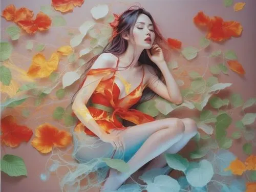 An amazing nude japanese young woman  with red lips and green eyes,a painting of a woman with flowers all over her body,girl in flowers,heatherley,flower painting,flower wall en,orange blossom,dussel,