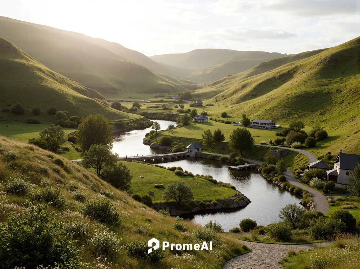 Rolling hills, lush meadows, serpentine water features, regionalist architecture, earthy tones, natural stone walls, curved lines, organic forms, harmonious integration, seamless transitions, native v