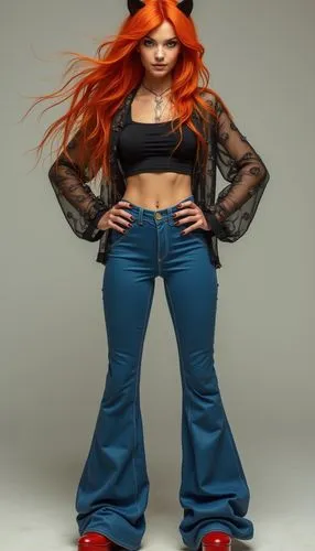 fierce young woman with long, flowing red and orange hair. Cat-like eyes, wearing a black crop top, sheer patterned jacket, blue flared pants, and red platform shoes. Confident pose with hands on hips