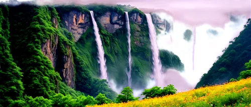 Sweeping mountain range, majestic waterfall, misty atmosphere, lush green forest, towering trees, vibrant wildflowers, soft sunlight filtering through leaves, warm color tone, cinematic lighting, shal