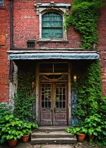 Abandoned Louisville architectural salvage store, old brick building, worn wooden sign, rusty metal door, intricate stone carvings, stained glass windows, overgrown with ivy, vintage construction mate