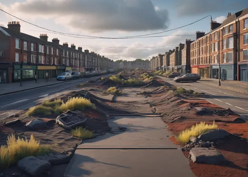 Create a post-apocalyptic wasteland with remnants of Superkilen's design elements.,terraced,paving slabs,red bricks,post-apocalyptic landscape,urban landscape,sand-lime brick,red brick,urban design,ho