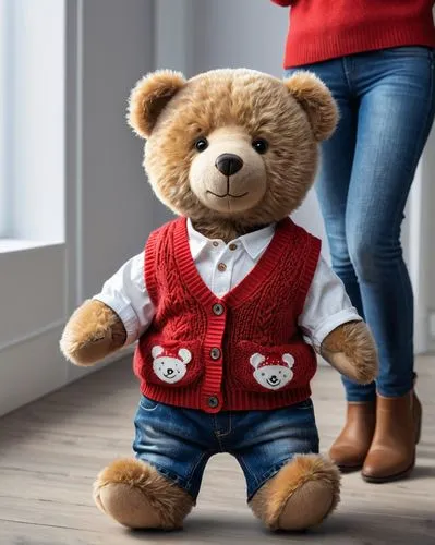 a-teddy-bear-wearing-a-red-sweater-vest-and-jeans-with-a-bas-clve9750j03cms601km4buvme,3d teddy,bear teddy,baby & toddler clothing,buffalo plaid bear,teddy-bear,teddy bear waiting,cute bear,teddy bear