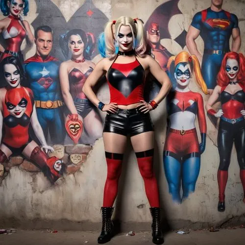 Harley Quinn, very low cut halter neck t shirt, hot pants, fishnets, ankle boots. standing next to a wall with superhero characters painted on it,harley quinn,superheroine,super heroine,superheroines,