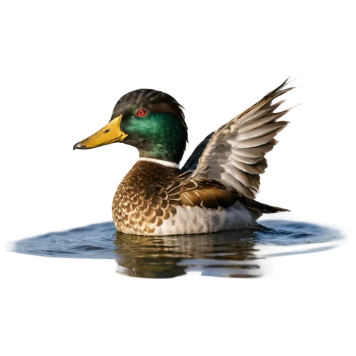 Wild duck, swimming, rippled water, feathers glistening, vibrant green head, yellow bill, brown body, wings spread, morning sunlight, shallow depth of field, soft focus, natural habitat, wetlands, 3/4