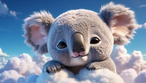 A cute baby koala, round big head, closed eyes, sleeping on fluffy cloud at magical sky, fantasy Pixar style,cute koala,koala,koala bear,koalas,cloudmont,cute cartoon character,cartoon bunny,cartoon r