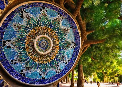 Barcelona, Gaudí architecture, Sagrada Família, colorful mosaic, intricate stone carvings, ornate ironwork, twisted columns, grand staircase, stained glass windows, warm sunlight, afternoon, golden ho