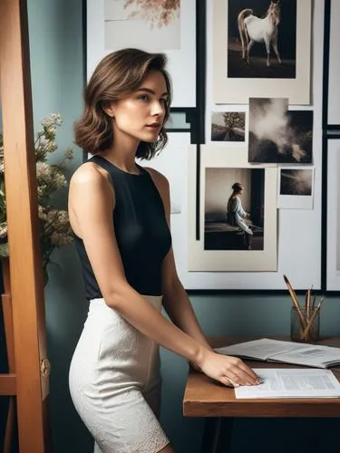 Create an elegant portfolio that showcases your best work.,a woman at a desk with papers and pictures on the wall,secretarial,secretary,secretaria,blur office background,secretariats,anchorwoman