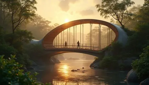 Savanna-inspired bridge, futuristic design, merging technology with nature, curved lines, wooden accents, steel beams, suspension cables, vines entwined, lush greenery, river crossing, sunset time, wa