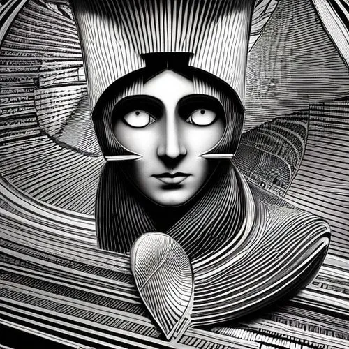 art deco woman,paper art,art deco,biomechanical,art deco ornament,psychedelic art,anechoic,woman sculpture,photomontage,head woman,headdress,computer art,facets,optical ilusion,surrealism,kinetic art,