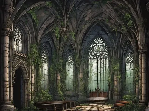 Abandoned, eerie, old, Gothic-style, cathedral-like building, intricate stone carvings, stained glass windows, grand entrance, crumbling walls, overgrown with vines, moss-covered, ivy-wrapped pillars,