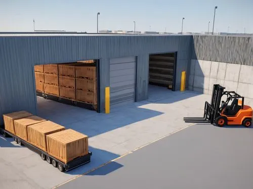 Industrial loading dock, modern architecture, concrete walls, metal beams, large sliding doors, cargo trucks, shipping containers, pallets, forklifts, busy atmosphere, daytime, natural light pouring i