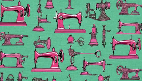 Sew Dressed Up Sewing Machines Seafoam Pink Cotton Fabric By The Yard,vintage wallpaper,instruments,nozzles,wind instruments,flamingo pattern,musical instruments,handbell,pink background,garden tools,