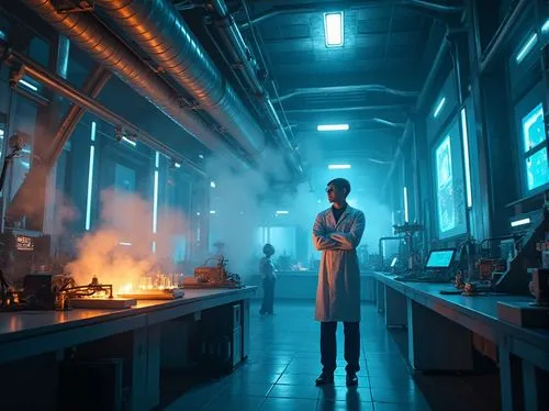 Futuristic laboratory, fusion architecture, sleek metal beams, glass walls, neon lights, holographic displays, advanced machinery, futuristic equipment, scientist in lab coat, goggles, gloves, experim