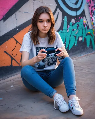 a girl with a camera,girl in t-shirt,skater,minolta,psp,atari lynx,sony alpha 7,girl with cereal bowl,girl sitting,game boy,playstation,adidas,gameboy,holding shoes,playstation vita,sneakers,sega genesis,games console,playstation portable,controller,Illustration,Black and White,Black and White 20