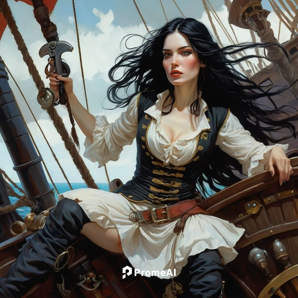 woman with pale skin and long black hair to the ground, she has all white and dead eyes, black teeth, black long nails, she is a with, on a pirate ship,scarlet sail,commandeer,figurehead,pirate,mercha