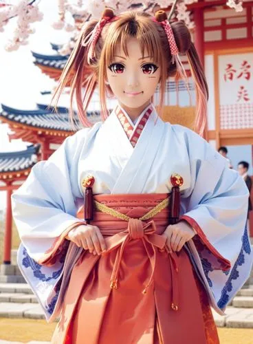 idol, cosplay, girl, japanese clothes, solo, twintails, hands on hips, miko, hair ribbon,  hakama, pink hair, smile, brown hair, looking at viewer, red hakama, ,a woman wearing a traditional japanese 