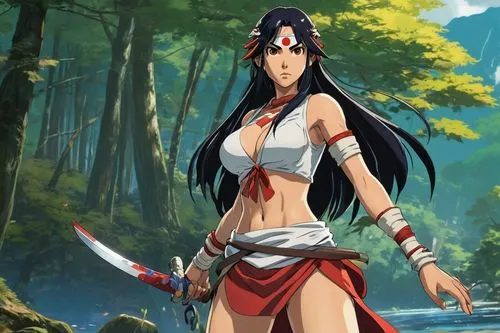 one person, single beauty woman model black long hair, anime female princess Mononoke from miyasaki movie, huge chest and wide hips, standing full view from head to toes, into lake in woods,kurenai,ts