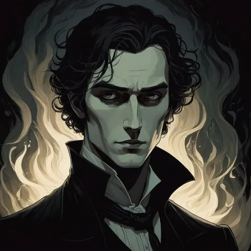 Create a dark and mysterious man picture. His eyes is shining with mysterious light. ,lovett,baskerville,donovani,ichabod,dickinson,capaldi,poe,damien,moody portrait,byronic,dark portrait,karamazov,po