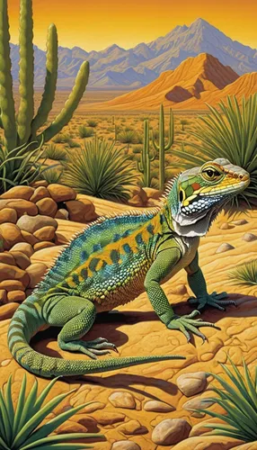 Describe a curious collared lizard exploring a sunny desert oasis.,desert iguana,iguanidae,sonoran desert,sonoran,collared lizard,landmannahellir,iguana,alligator,reptile,arizona,iguanas,crocodile,des