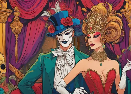 masquerade,the carnival of venice,venetian mask,danse macabre,cabaret,theater curtain,mardi gras,masque,cirque,comedy tragedy masks,venetia,with the mask,halloween illustration,cirque du soleil,vaudeville,venetian,theatrical,costumes,pageant,queen of hearts,Illustration,Children,Children 01