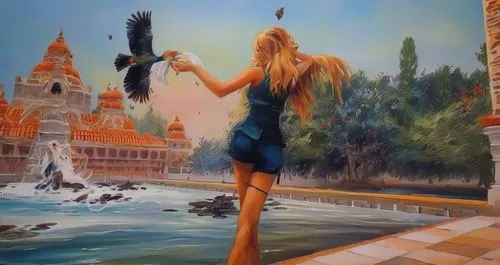 girl with a dolphin,the blonde in the river,art painting,oil painting on canvas,oil painting,fantasy picture,fantasy art,photo painting,girl on the river,oriental longhair,italian painter,gondolier,wo