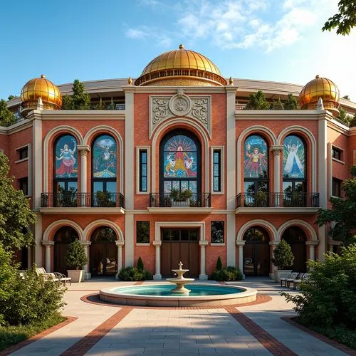 Majestic soccer stadium, Byzantine-inspired facade, golden domes, intricate stone carvings, ornate arches, vibrant mosaic patterns, red brick walls, grand entrance gates, imposing columns, ornamental 