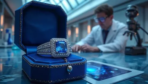 Sapphire blue, luxurious jewelry, intricate design, diamond accents, velvet box, luxurious interior, futuristic lab, sci-fi setting, sleek machines, holographic displays, innovative scientist, white c