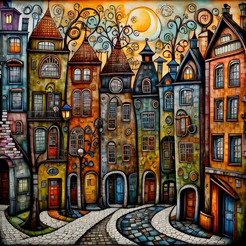 david bates,colorful city,escher village,montmartre,aurora village,poznan,houses clipart,the cobbled streets,edinburgh,motif,glass painting,cityscape,fantasy city,tenement,galata,porto,gaudí,children's background,de ville,art painting